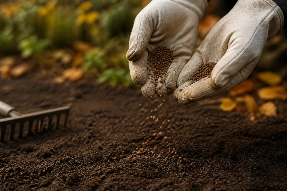 Mains gantées répandant à la volée des graines d’engrais vert sur une terre fraîchement ratissée